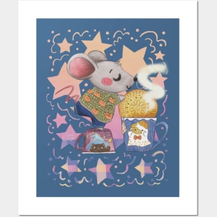 Teatime Mouse with Fall Mugs Posters and Art